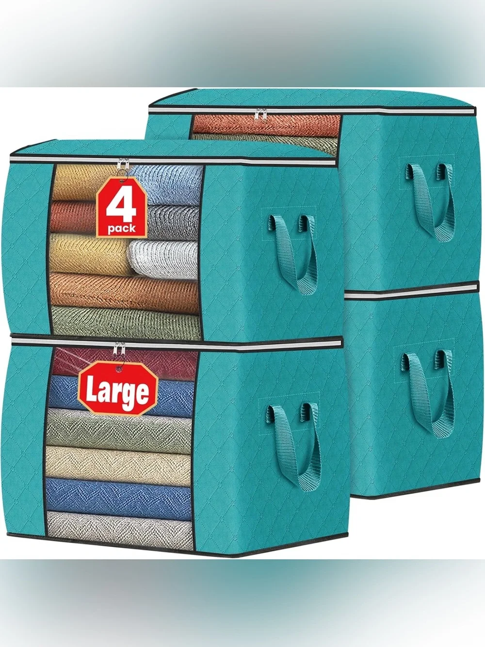 Large Turquoise Fabric Storage Bins - 4 Pack